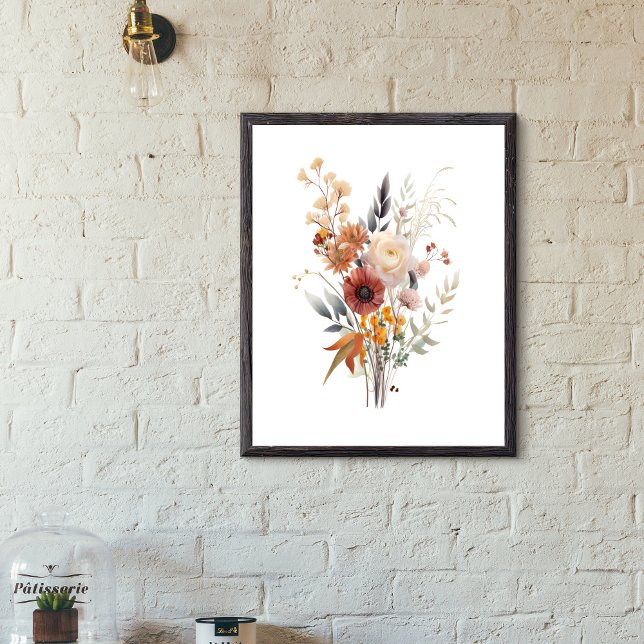 Boho Rose Peach Yellow Blue Beige Floral Botanisch Poster (Rose White Beige Peach Yellow and Blue Floral  Botanical Wall Art poster. Digital or Printed Framed)