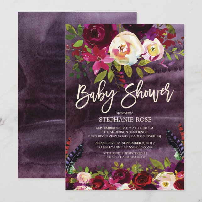 Boho Rose Purple Floral Baby shower Invitation (Devant / Derrière)