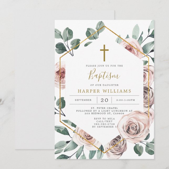 Boho Rose Taufe/Christening Einladung (Vorne/Hinten)