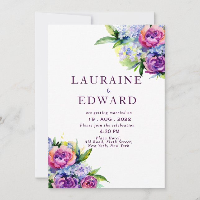 Boho Rose und Bauern lila Aquarellbouquet Einladung (Vorderseite)