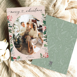 Boho rose vert ovale photo Joyeuse carte de Noël