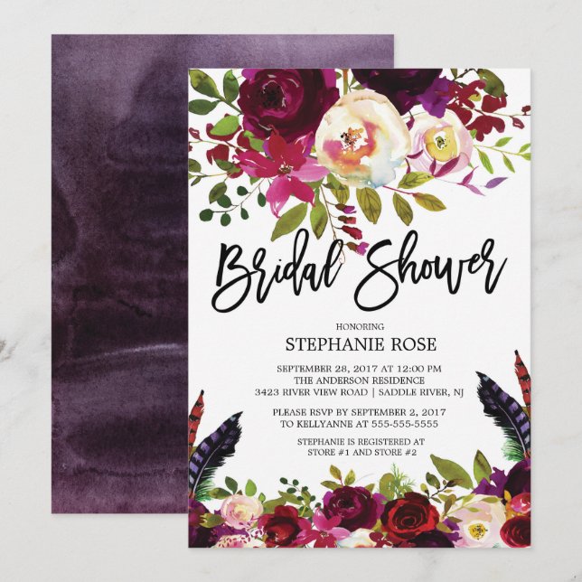Boho Rose violet Floral Bridal Showeuse Invitation (Devant / Derrière)