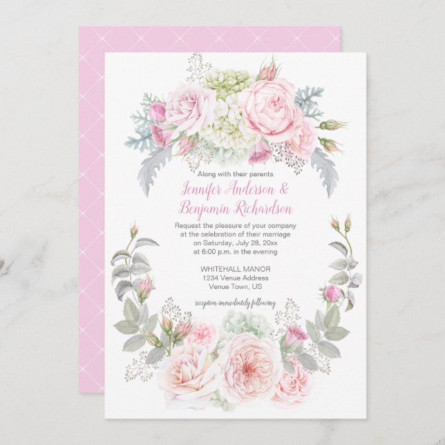 Boho Roses Hydrangeas Floral Wedding Invitations (Devant / Derrière)
