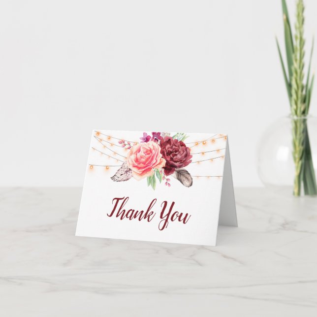 Boho Roses plumes illumine Mariage Merci (Devant)