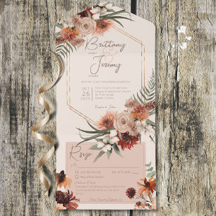Boho-Rost & neutrale Herbstblumen-Creme mit Detail All In One Einladung