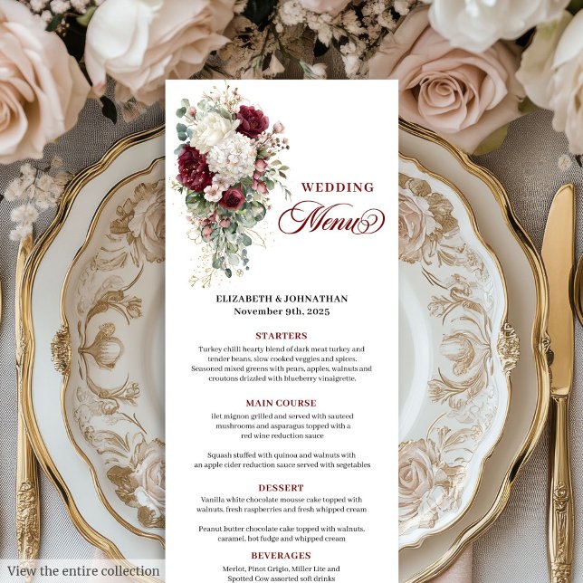 Boho Rot Gold Blumenkarte Menükarte (Boho deep red white gold floral wedding menu card

)