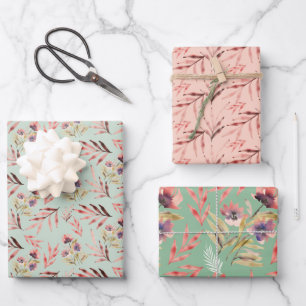 Boho Rot Pink Grün Wasserfarbe Wildblumen  Geschenkpapier Set