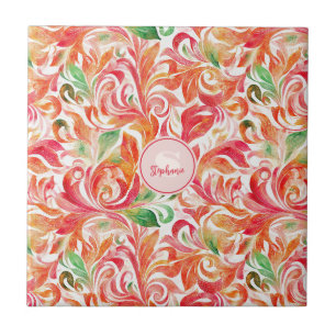 Boho Rot Pink Orange Grün Paisley Floral Fliese