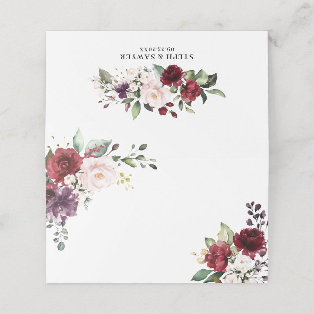 Boho Rot und Lila Wasserfarben Blume Hochzeit Platzkarte (Außenseite Aufgefaltet)