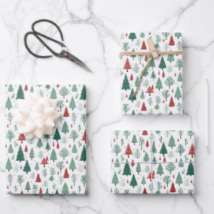 Boho rote grüne Weihnachtsbäume Feiertag Geschenkpapier Set