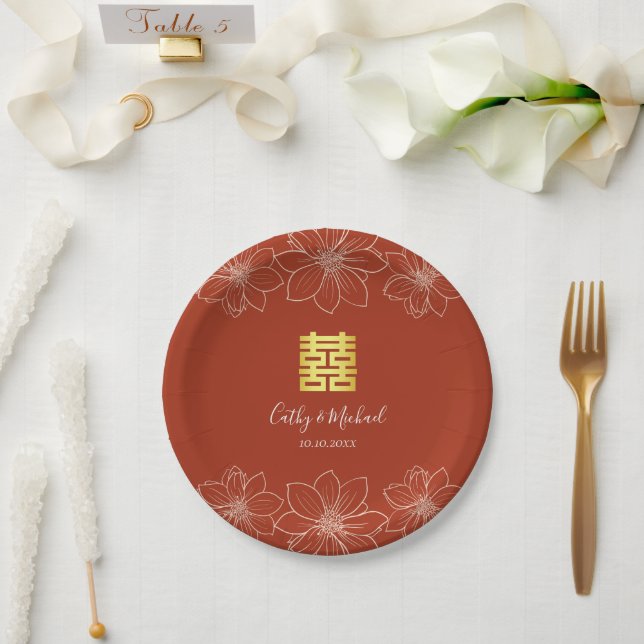 Boho rote moderne Blumenhochzeit in China Pappteller (Hochzeit)