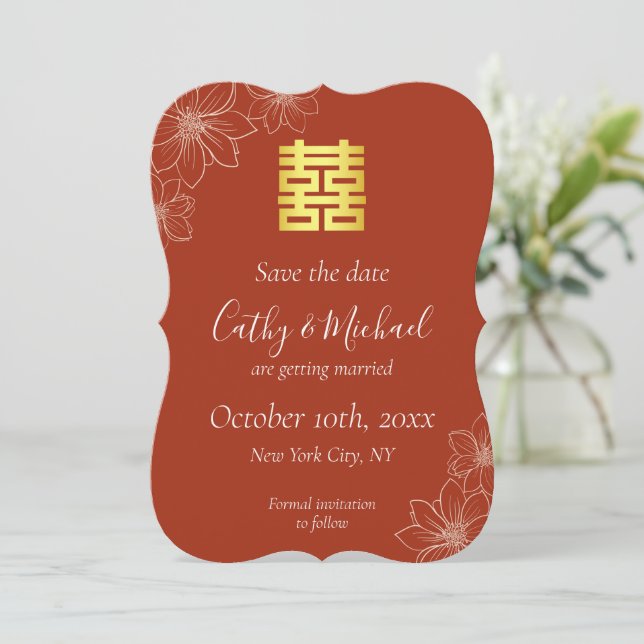 Boho rote moderne Blumenhochzeit in China Save The Date (Stehend Vorderseite)