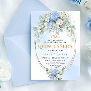 Boho Royal Blau Hydrangeen Eukalyptus Quinceañera Einladung