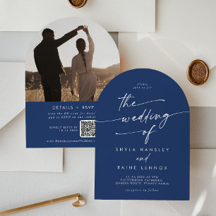 Boho Royal Blue Foto QR Code Arch Wedding Einladung