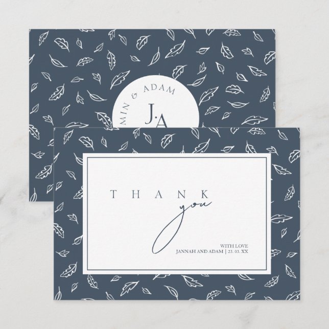 Boho Royal Blue Opulence Blätter Foto Wedding Dankeskarte (Vorne/Hinten)