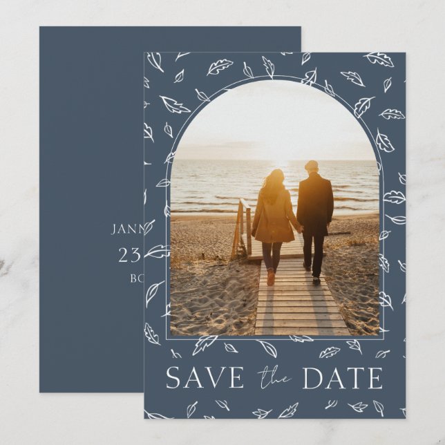 Boho Royal Blue Opulence Blätter Foto Wedding Save The Date (Vorne/Hinten)