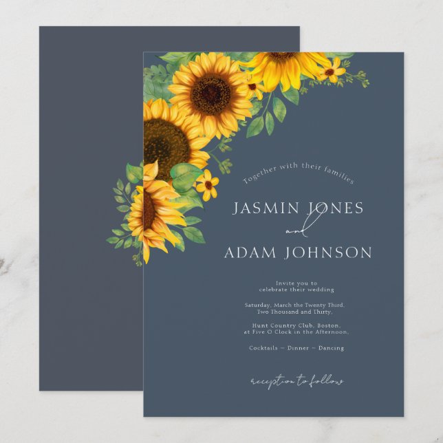 Boho Royal Blue Opulence Sonnenblumen Hochzeit Einladung (Vorne/Hinten)