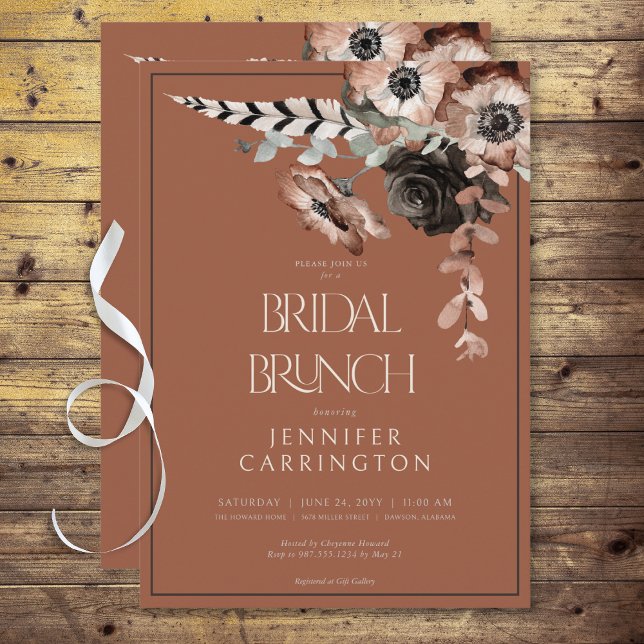 Boho Rust Black & White Blume Bridal Brunch Einladung (Boho Rust Black & White Flowers Bridal Brunch Invitation)