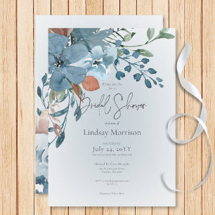 Boho Rust & Blue Floral auf weißem Brautparty Einladung