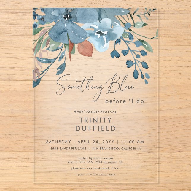 Boho Rust Blue Floral Etwas Blue Brautparty Acryleinladungen (Vorderseite)
