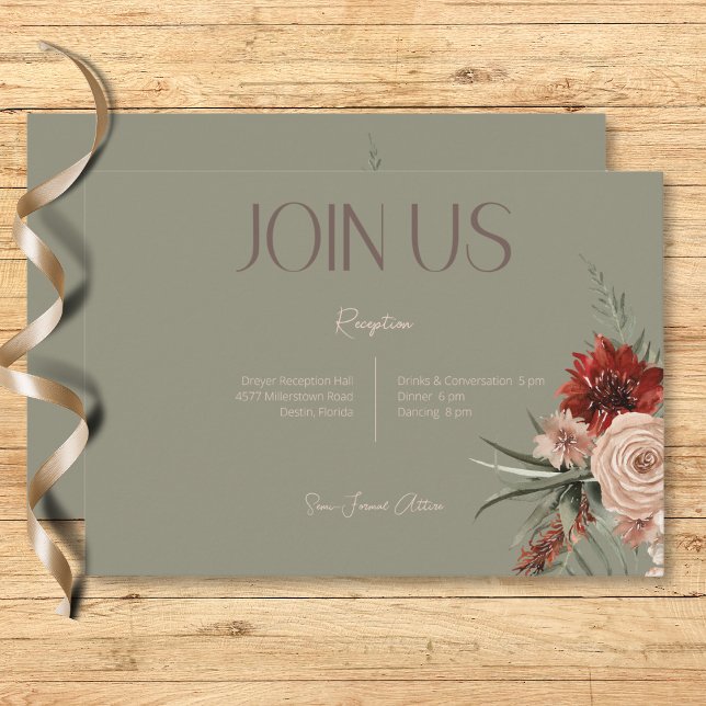Boho Rust & Cream Fall Floral Sage Green Empfang Begleitkarte (Boho Rust & Cream Fall Floral Sage Green Reception Enclosure Card)