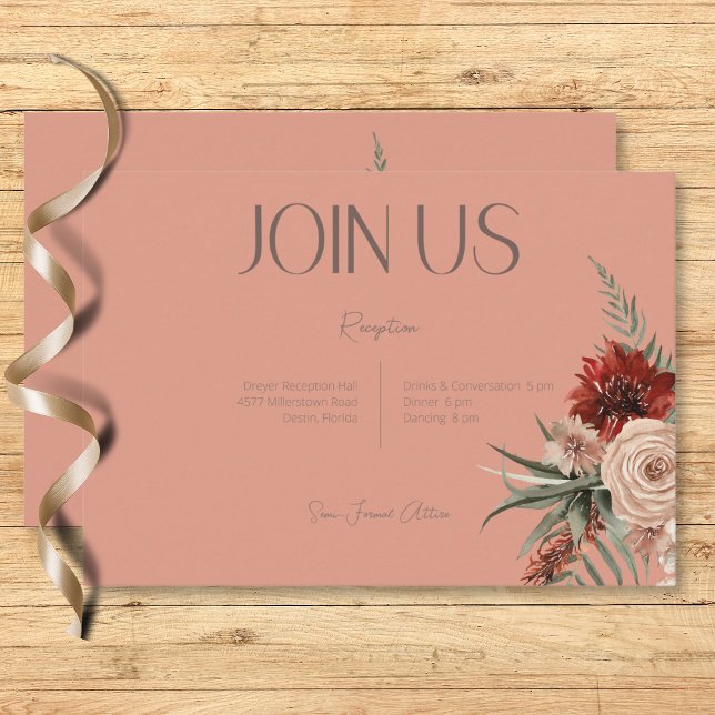 Boho Rust & Creme Fall Pfirsichrost Empfang Begleitkarte (Boho Rust & Cream Fall Floral Peach Rust Reception Enclosure Card)