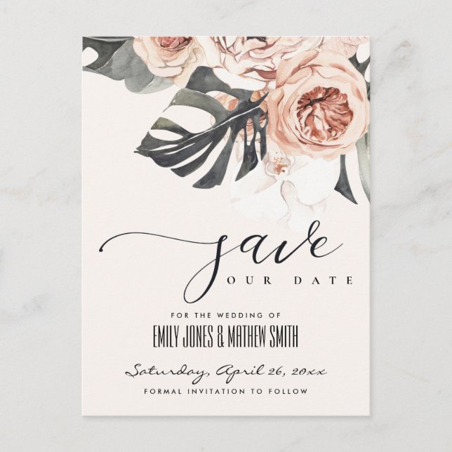 BOHO RUST MONSTERA WATERCOLOR FLORA RETT ANKÜNDIGUNGSPOSTKARTE (Vorderseite)