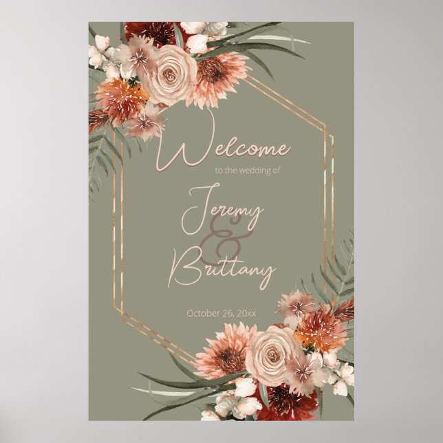 Boho Rust & Neutral Fall Blumengestelle Grünrahmen Poster (Vorne)