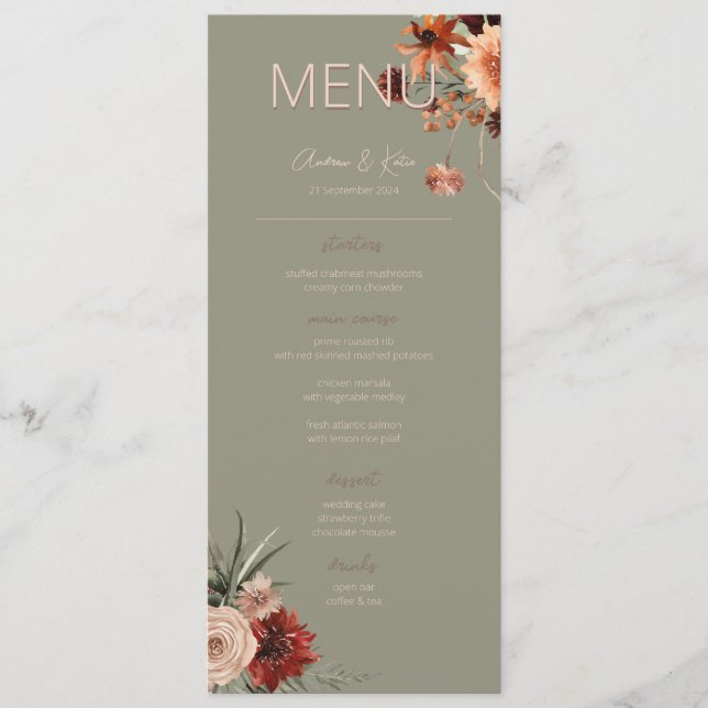 Boho Rust & Neutral Fall Floral Green Wedding II Menükarte (Vorderseite)