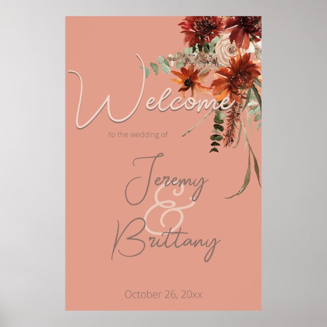 Boho Rust & Neutral Fall Floral Peach Hochzeit Poster (Vorne)