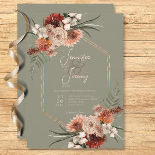 Boho Rust & Neutral Sage Green Fall Floral Einladung