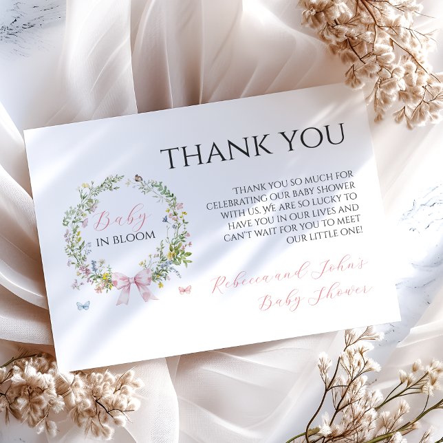 Boho Rustic Baby in Bloom Pink Bow Baby Dusche Dankeskarte (Von Creator hochgeladen)