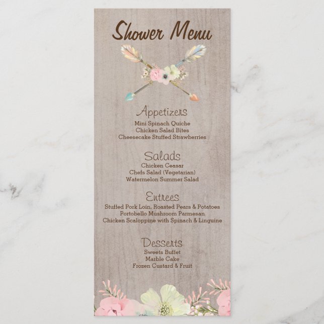 Boho Rustic Baby oder Brautparty, Hochzeitsmenü Menükarte (Vorderseite)