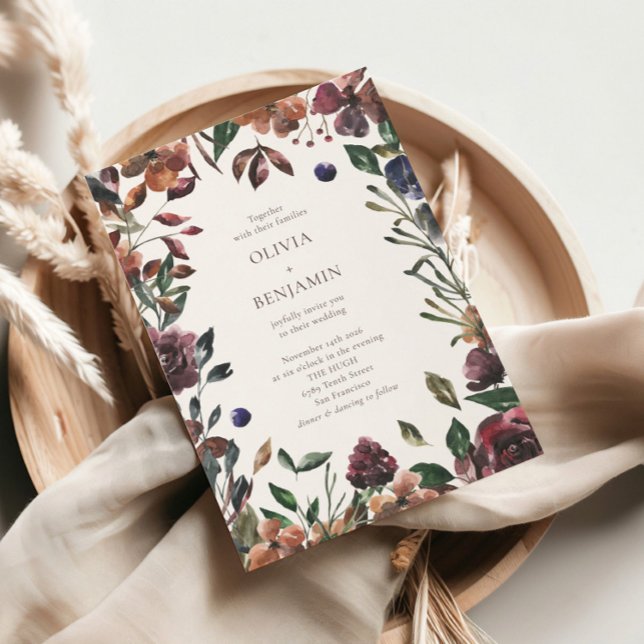 Boho Rustic Botanical Burgundy Border Wedding Einladung (Von Creator hochgeladen)