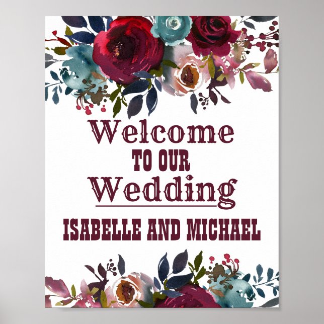 Boho Rustic Bourgogne Floral Mariage Affiche de bi (Devant)