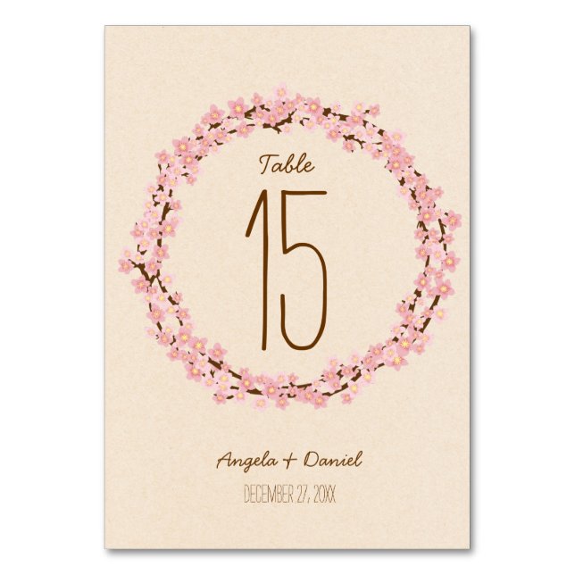Boho Rustic Cherry Blossom Wreath Wedding Tischnummer (Vorderseite)