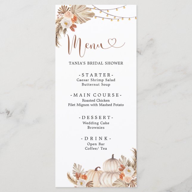 Boho Rustic Citrouille Fall in Love Menu Card (Devant)