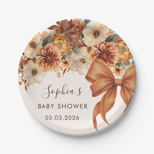 Boho Rustic Fall Floral Baby Shower Party Pappteller (Vorderseite)