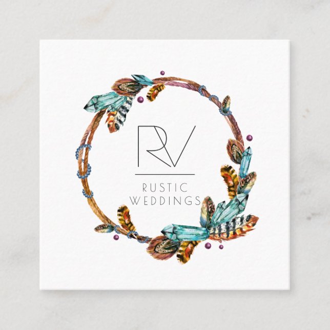 Boho Rustic Feather Wreath Monogram Quadratische Visitenkarte (Vorderseite)