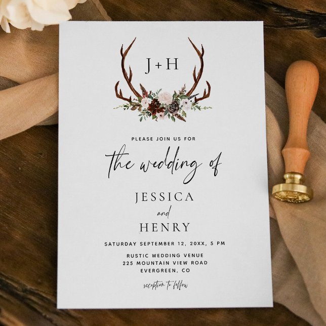 Boho Rustic Floral Antlers Wedding Einladung (Von Creator hochgeladen)