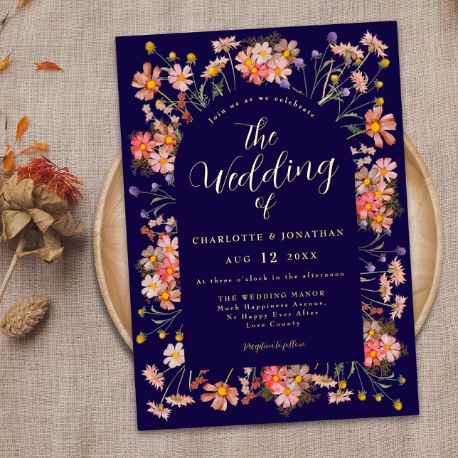 Boho Rustic Floral Arch Hochzeit im Herbst Gold Folieneinladung (rustic floral elegant navy blue gold foil script fall wedding invitation Watercolor wild flowers)