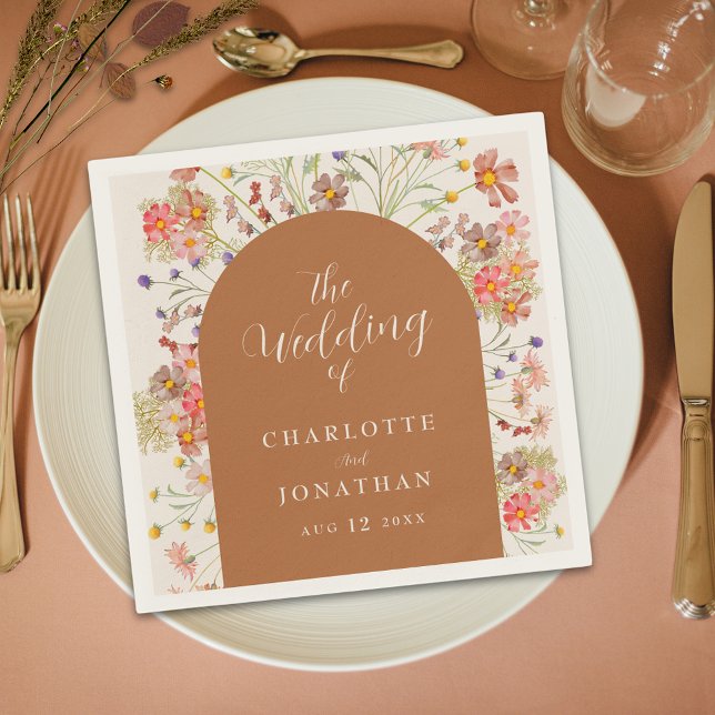 Boho Rustic Floral Arch Hochzeit im Herbst Serviette (Boho rustic floral fall terracotta burnt orange custom Wedding napkins watercolor wildflowers script)