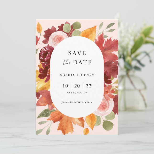 Boho Rustic Floral Burgundy Fall Foto Hochzeit Save The Date (Stehend Vorderseite)