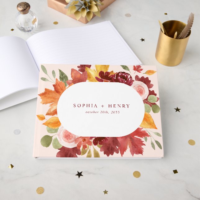 Boho Rustic Floral Burgundy Hochzeit im Herbst Gästebuch (Vorderseite Offen)