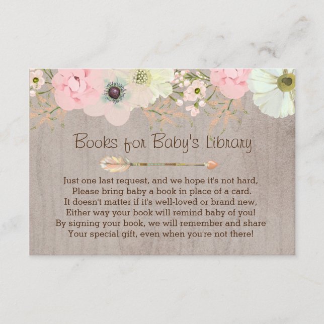 Boho Rustic Floral Feather Baby's Library Beilage Begleitkarte (Vorderseite)