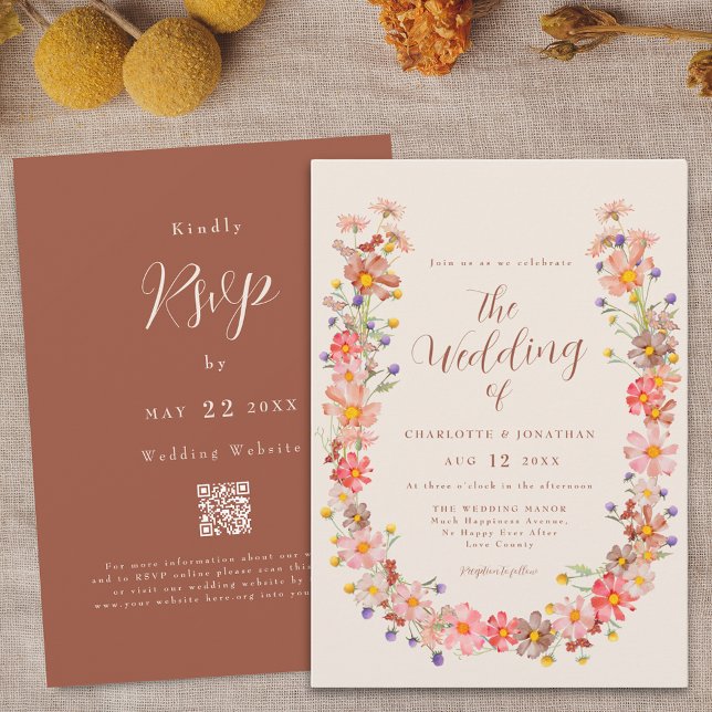 Boho Rustic Floral Hochzeit im Herbst Einladung (Boho fall rustic floral burnt orange beige qr code wedding invitation watercolor wildflower wreath)