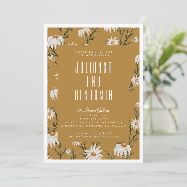 Boho Rustic Floral Mustard Yellow Wedding Einladung (Stehend Vorderseite)