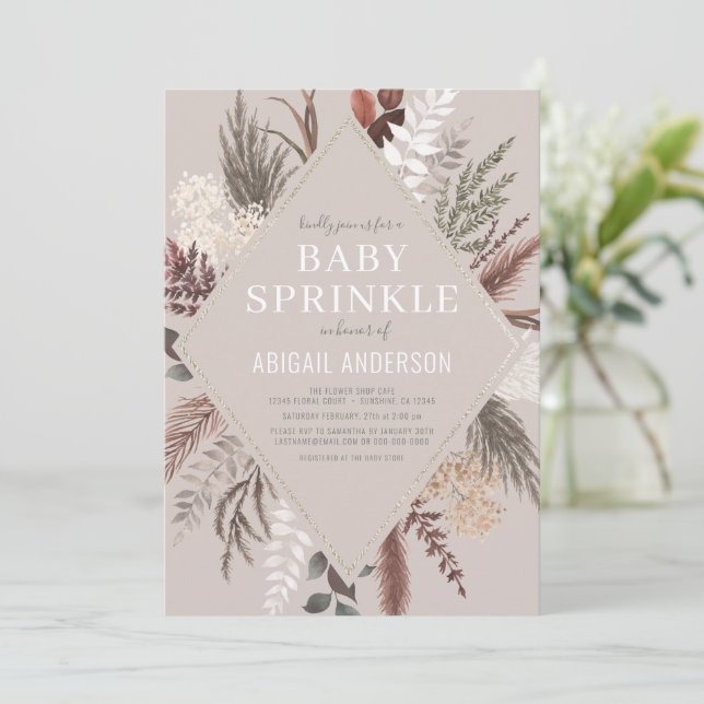 Boho Rustic Floral Pampas Grass Baby Sprinkle Invi Einladung (Stehend Vorderseite)