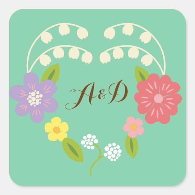 Boho Rustic Floral Wreath Wedding (Mint) Quadratischer Aufkleber (Vorderseite)