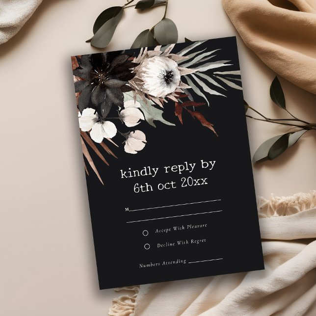 Boho Rustic Gothic Rust Black Botanical Wedding RSVP Karte (Von Creator hochgeladen)